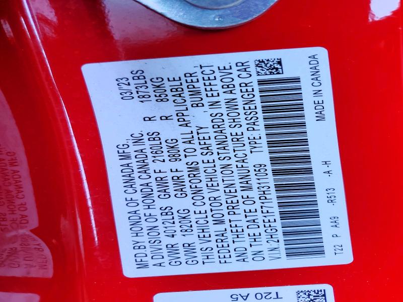 2023 Honda Civic მანქანა იყიდება აუქციონზე, vin: 2HGFE1F71PH311059, აუქციონის ნომერი: 63418536
