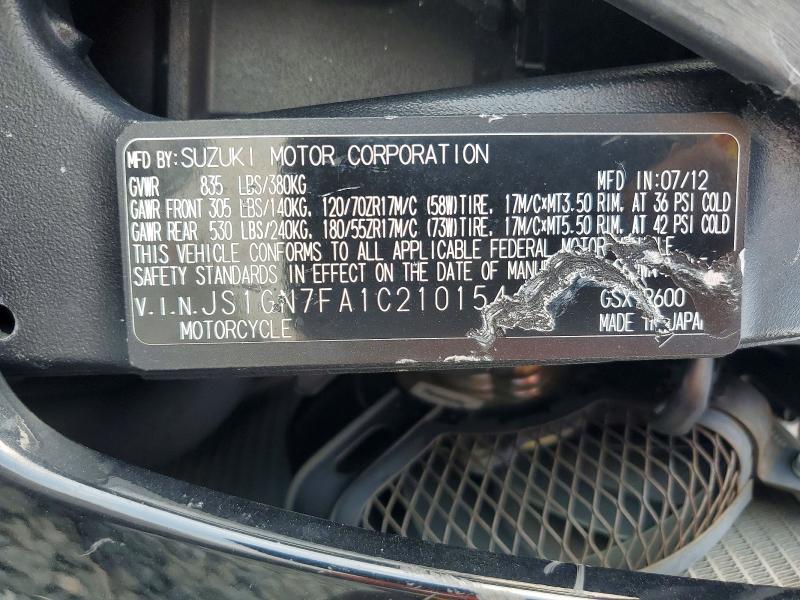2012 Suzuki Gsx-r600 მანქანა იყიდება აუქციონზე, vin: JS1GN7FA1C2101544, აუქციონის ნომერი: 62684286
