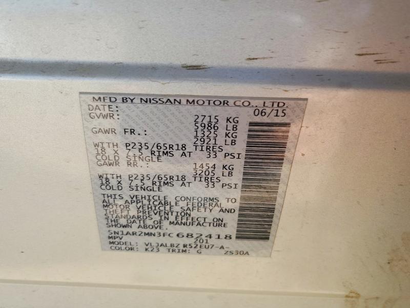 62314866 :رقم المزاد ، 5N1AR2MN3FC682418 vin ، 2015 Nissan Pathfinder مزاد بيع