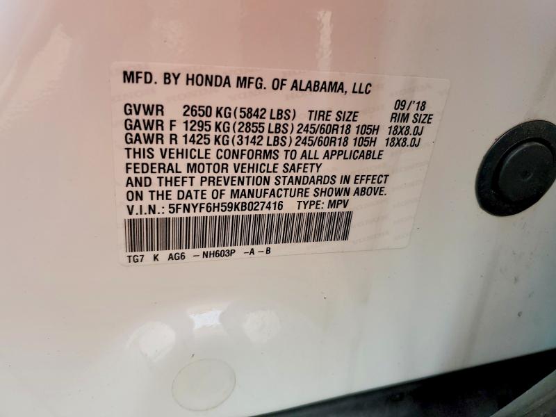 62093286 :رقم المزاد ، 5FNYF6H59KB027416 vin ، 2019 Honda Pilot مزاد بيع