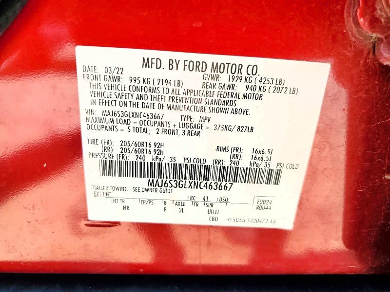 59337556 :رقم المزاد ، MAJ6S3GLXNC463667 vin ، 2022 Ford Ecosport مزاد بيع