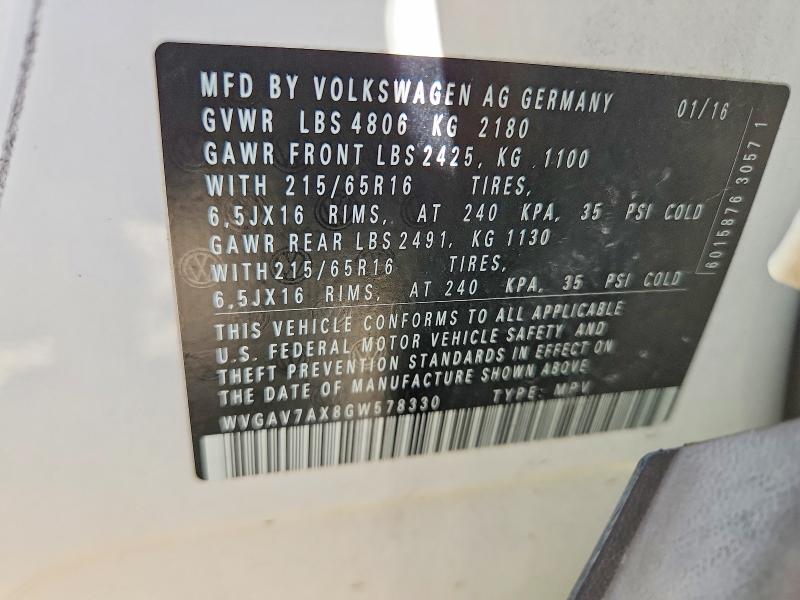 62491826 :رقم المزاد ، WVGAV7AX8GW578330 vin ، 2016 Volkswagen Tiguan مزاد بيع
