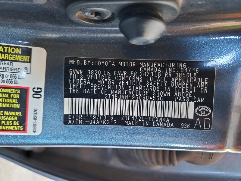 62809706 :رقم المزاد ، 2T1BURHE9GC604566 vin ، 2016 Toyota Corolla مزاد بيع