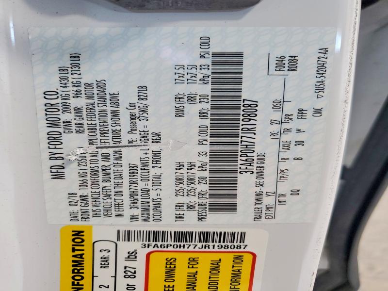 Aukcja sprzedaży 2018 Ford Fusion, vin: 3FA6P0H77JR198087, numer aukcji: 62253736