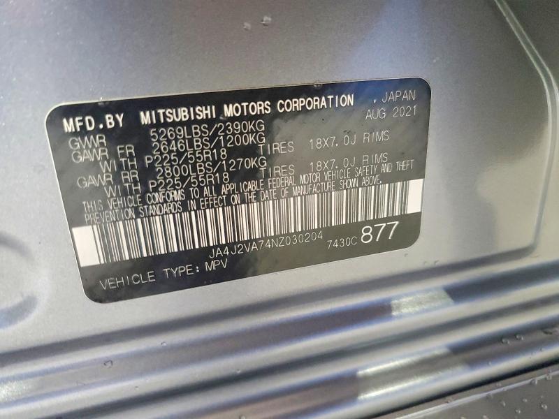 2022 Mitsubishi Outlander მანქანა იყიდება აუქციონზე, vin: JA4J2VA74NZ030204, აუქციონის ნომერი: 62078536