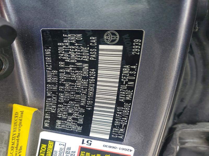 Aukcja sprzedaży 2019 Toyota Camry, vin: 4T1B11HK6KU164264, numer aukcji: 62082786