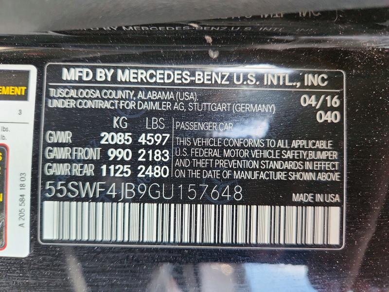 61977156 :رقم المزاد ، 55SWF4JB9GU157648 vin ، 2016 Mercedes-benz C مزاد بيع