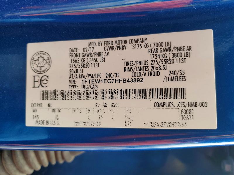 Aukcja sprzedaży 2017 Ford F150, vin: 1FTEW1EG7HFB43892, numer aukcji: 62990676