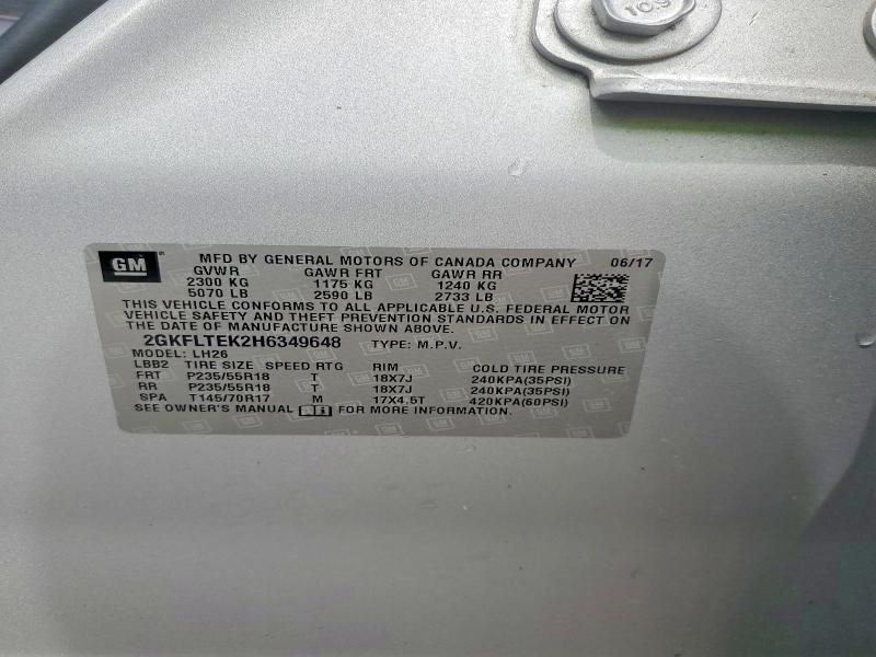 Aukcja sprzedaży 2017 Gmc Terrain, vin: 2GKFLTEK2H6349648, numer aukcji: 62142846