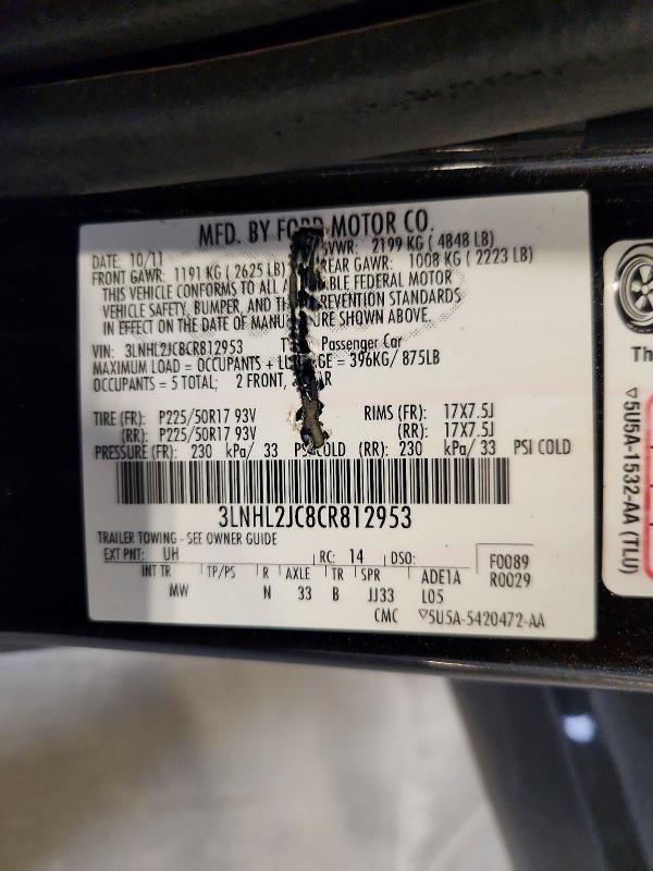 2012 Lincoln Mkz მანქანა იყიდება აუქციონზე, vin: 3LNHL2JC8CR812953, აუქციონის ნომერი: 61820816