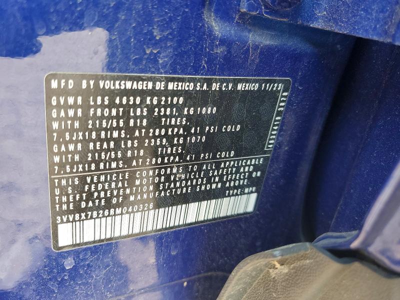 2024 Volkswagen Taos მანქანა იყიდება აუქციონზე, vin: 3VV8X7B26RM040326, აუქციონის ნომერი: 60807086