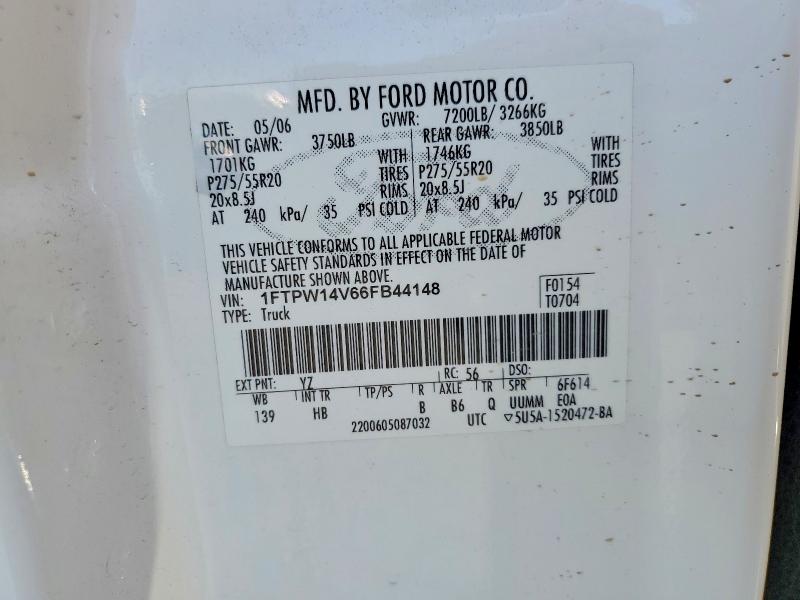 2006 Ford F150 მანქანა იყიდება აუქციონზე, vin: 1FTPW14V66FB44148, აუქციონის ნომერი: 60655466