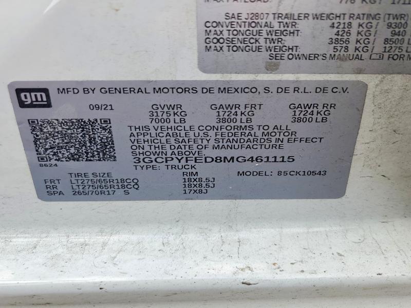 Продаж на аукціоні авто 2021 Chevrolet Silverado, vin: 3GCPYFED8MG461115, номер лоту: 60971536
