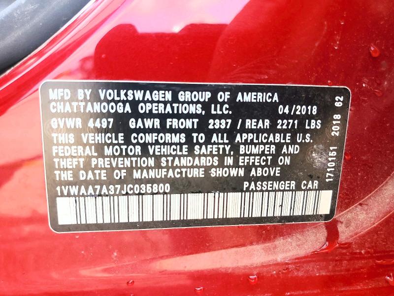 Продажа на аукционе авто 2018 Volkswagen Passat, vin: 1VWAA7A37JC035800, номер лота: 58881096