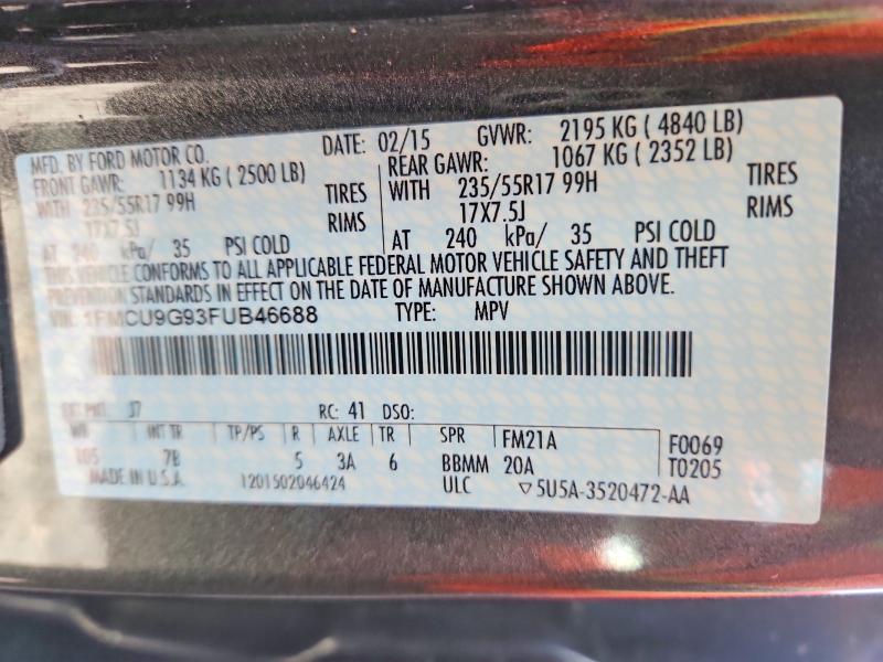 Aukcja sprzedaży 2015 Ford Escape, vin: 1FMCU9G93FUB46688, numer aukcji: 62492936