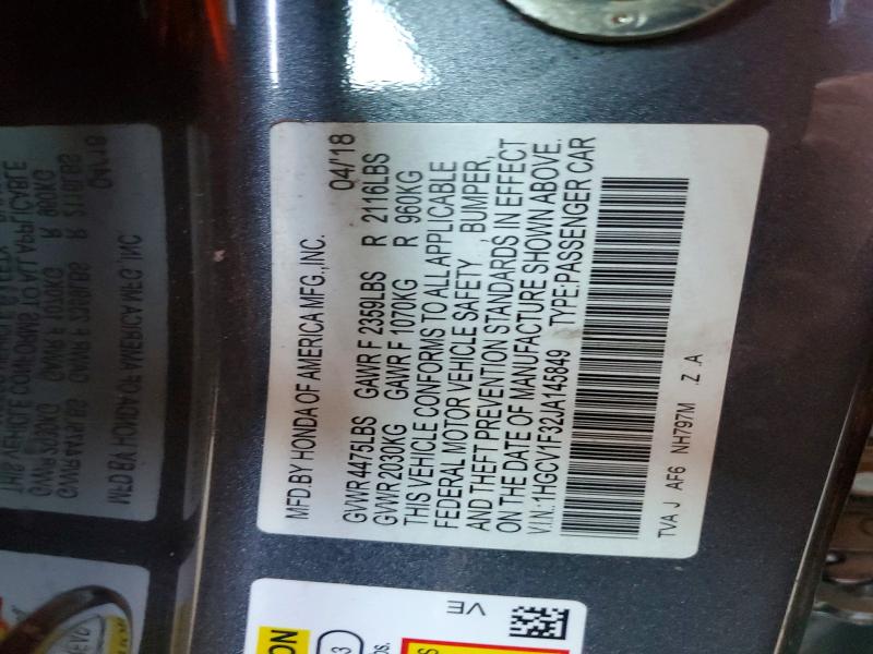 2018 Honda Accord მანქანა იყიდება აუქციონზე, vin: 1HGCV1F32JA145849, აუქციონის ნომერი: 62139236