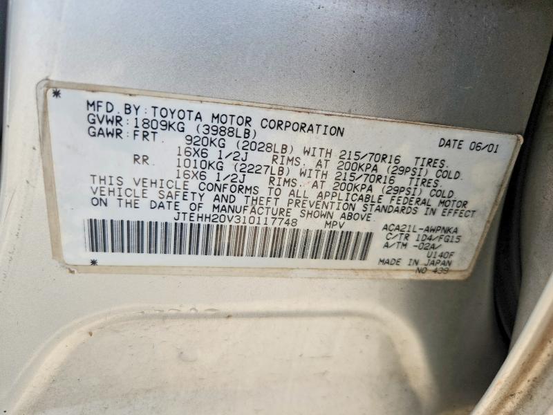 2001 Toyota Rav4 მანქანა იყიდება აუქციონზე, vin: JTEHH20V310117748, აუქციონის ნომერი: 59348686