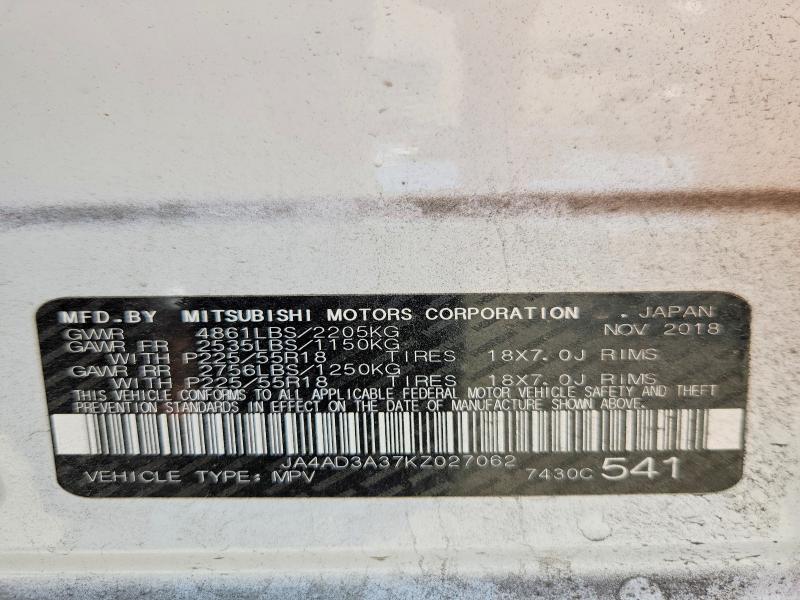 2019 Mitsubishi Outlander მანქანა იყიდება აუქციონზე, vin: JA4AD3A37KZ027062, აუქციონის ნომერი: 62919956