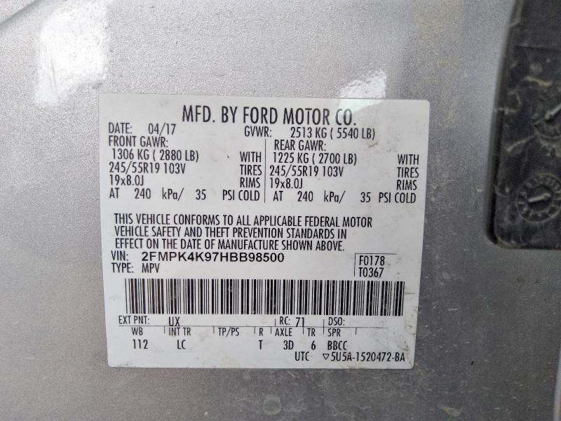 2017 Ford Edge მანქანა იყიდება აუქციონზე, vin: 2FMPK4K97HBB98500, აუქციონის ნომერი: 58330676
