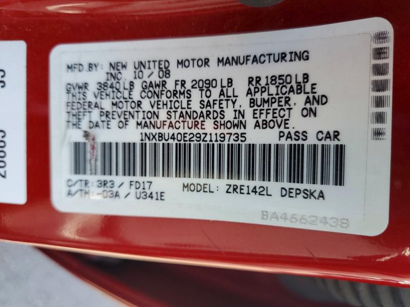 Продажа на аукционе авто 2009 Toyota Corolla, vin: 1NXBU40E29Z119735, номер лота: 62222596
