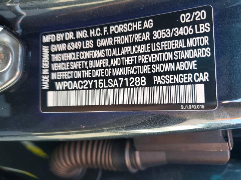 Продажа на аукционе авто 2020 Porsche Taycan, vin: WP0AC2Y15LSA71288, номер лота: 63431256