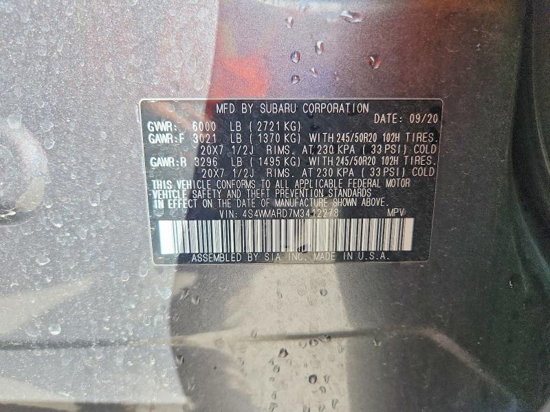 2021 Subaru Ascent მანქანა იყიდება აუქციონზე, vin: 4S4WMARD7M3412278, აუქციონის ნომერი: 60050876