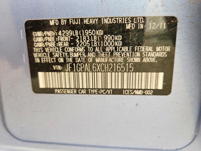 Продаж на аукціоні авто 2012 Subaru Impreza, vin: JF1GPAL6XCH216515, номер лоту: 61398866