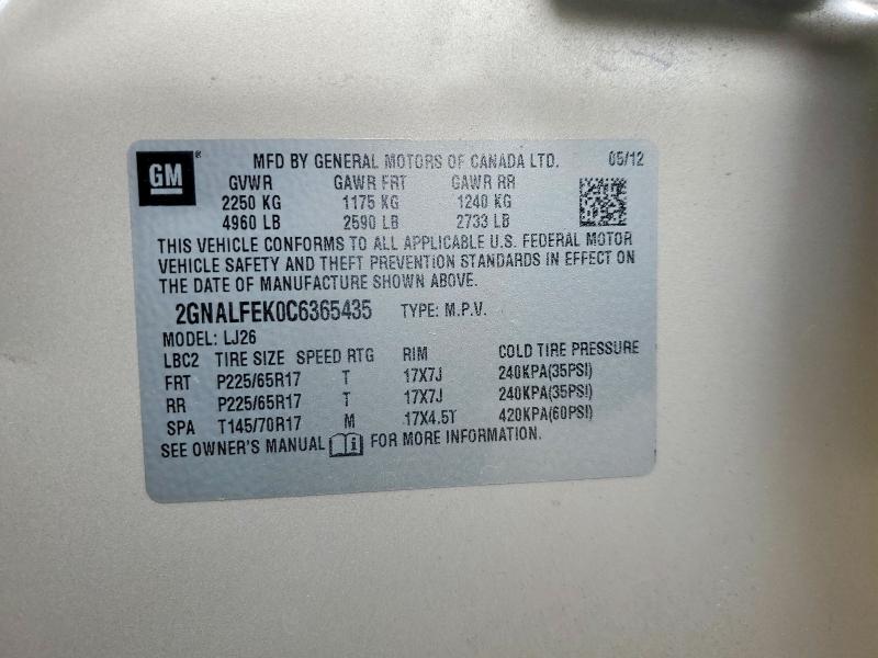 2012 Chevrolet Equinox მანქანა იყიდება აუქციონზე, vin: 2GNALFEK0C6365435, აუქციონის ნომერი: 62032616