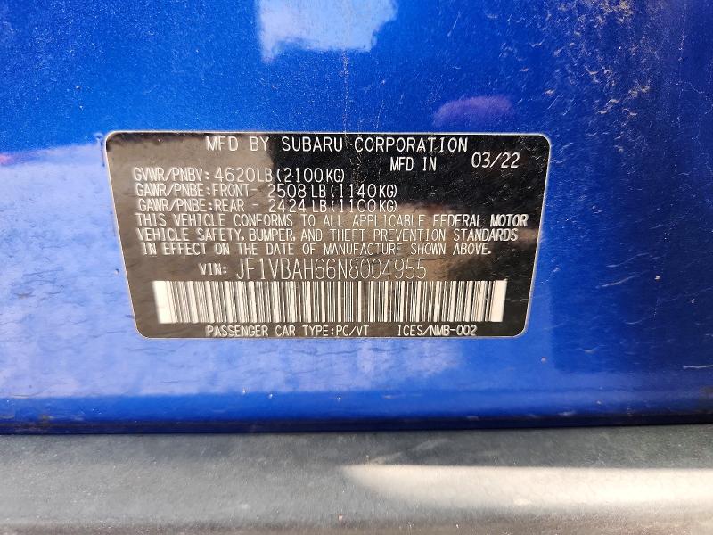 62068836 :رقم المزاد ، JF1VBAH66N8004955 vin ، 2022 Subaru Wrx مزاد بيع