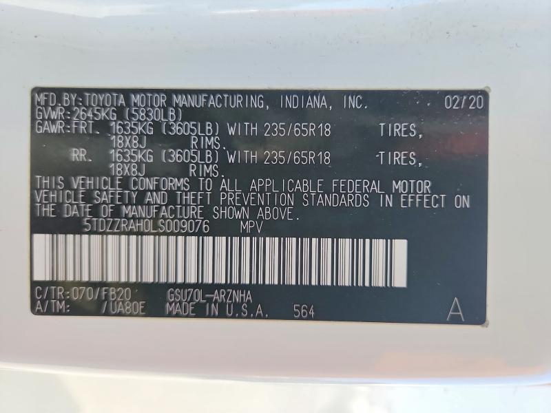Aukcja sprzedaży 2020 Toyota Highlander, vin: 5TDZZRAH0LS009076, numer aukcji: 63548636