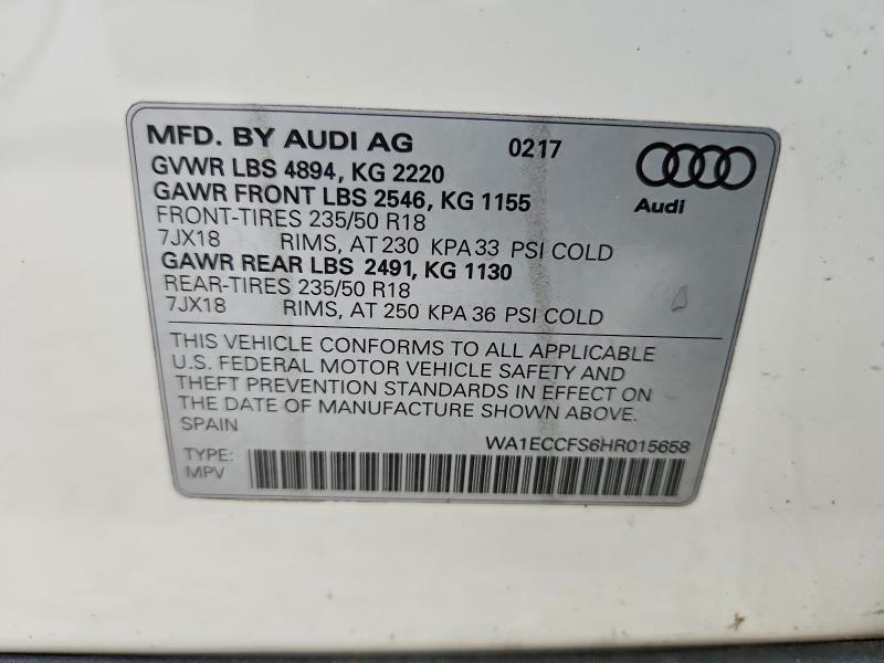 Продажа на аукционе авто 2017 Audi Q3, vin: WA1ECCFS6HR015658, номер лота: 59103016