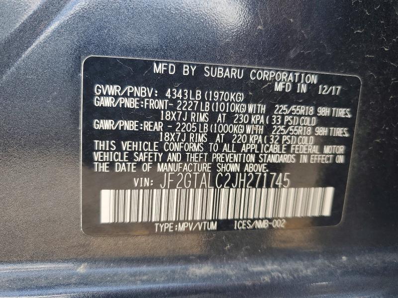 Aukcja sprzedaży 2018 Subaru Crosstrek, vin: JF2GTALC2JH271745, numer aukcji: 58793316