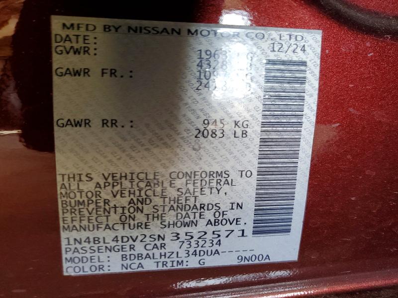 Aukcja sprzedaży 2025 Nissan Altima, vin: 1N4BL4DV2SN352571, numer aukcji: 62620506