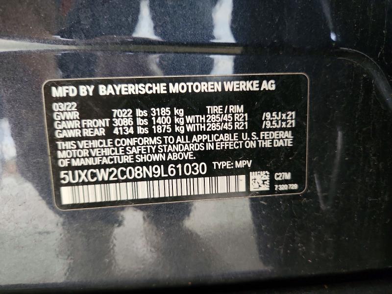 Продаж на аукціоні авто 2022 Bmw X7, vin: 5UXCW2C08N9L61030, номер лоту: 59312996