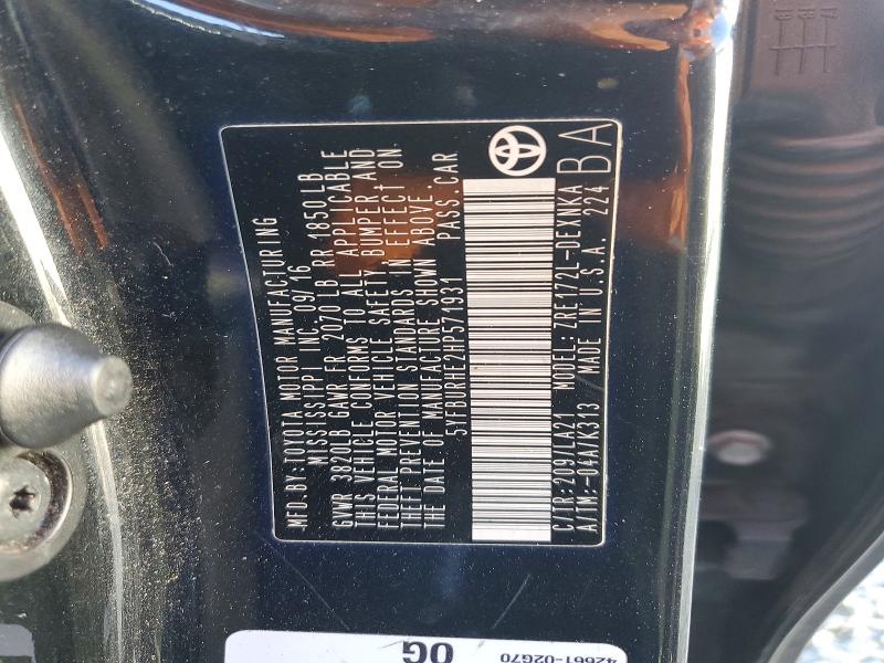 2017 Toyota Corolla მანქანა იყიდება აუქციონზე, vin: 5YFBURHE2HP571931, აუქციონის ნომერი: 62065026