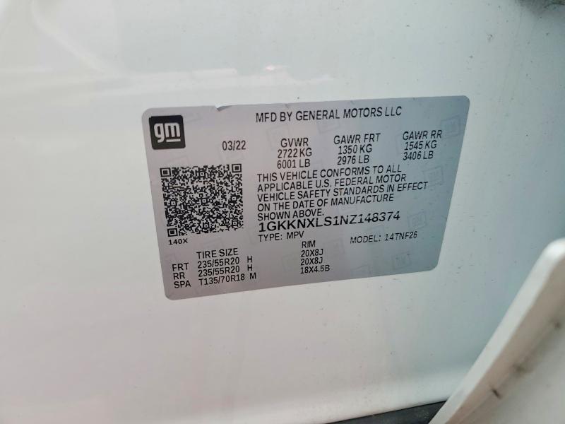 Aukcja sprzedaży 2022 Gmc Acadia, vin: 1GKKNXLS1NZ148374, numer aukcji: 60489836