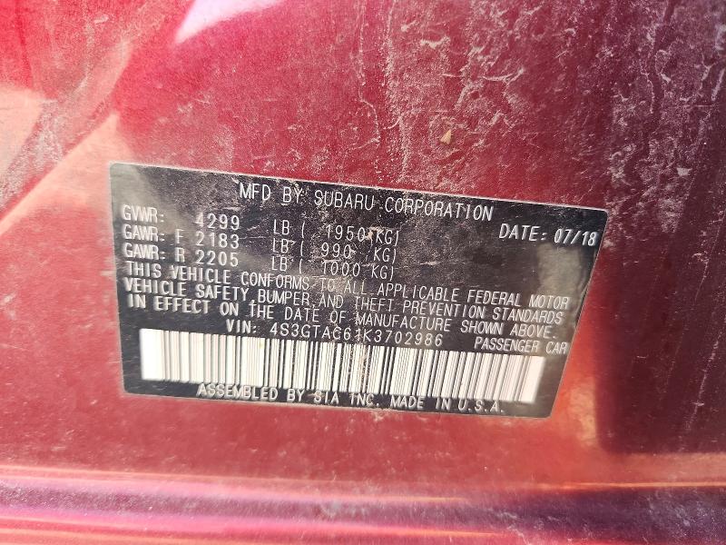Aukcja sprzedaży 2019 Subaru Impreza, vin: 4S3GTAC61K3702986, numer aukcji: 62821016