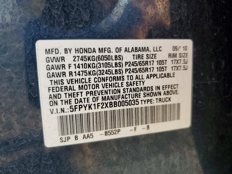 63042926 :رقم المزاد ، 5FPYK1F2XBB005035 vin ، 2011 Honda Ridgeline مزاد بيع