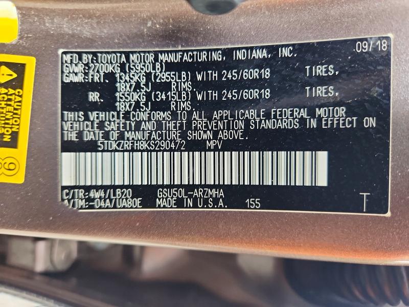59401036 :رقم المزاد ، 5TDKZRFH8KS290472 vin ، 2019 Toyota Highlander مزاد بيع