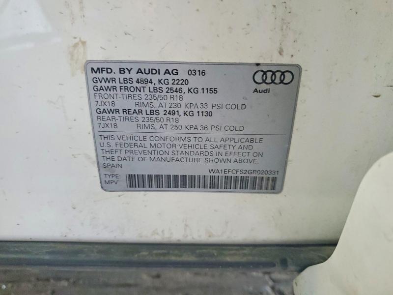 2016 Audi Q3 მანქანა იყიდება აუქციონზე, vin: WA1EFCFS2GR020331, აუქციონის ნომერი: 60683586