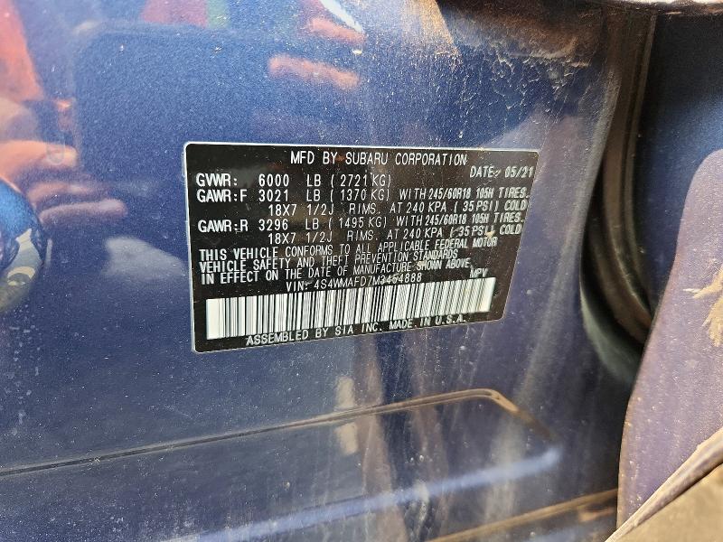 2021 Subaru Ascent მანქანა იყიდება აუქციონზე, vin: 4S4WMAFD7M3454888, აუქციონის ნომერი: 61310926