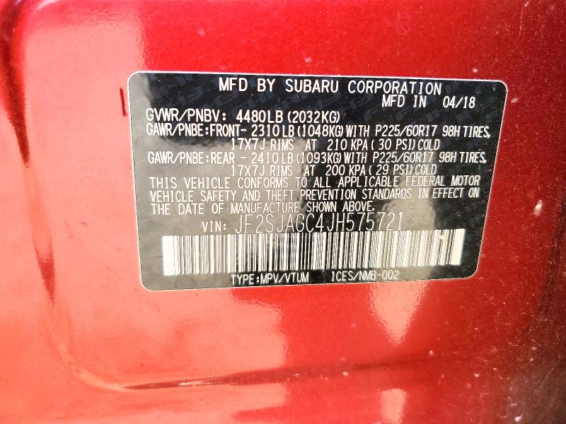 61374116 :رقم المزاد ، JF2SJAGC4JH575721 vin ، 2018 Subaru Forester مزاد بيع