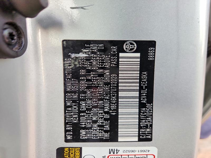2007 Toyota Camry მანქანა იყიდება აუქციონზე, vin: 4T1BE46K37U702029, აუქციონის ნომერი: 62400406
