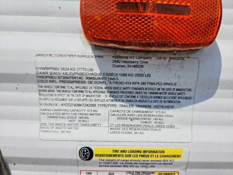 Продаж на аукціоні авто 2019 Keys Hideout 274lhs, vin: 4YDT27428K7242358, номер лоту: 85771405