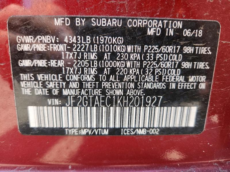 62031516 :رقم المزاد ، JF2GTAEC1KH201927 vin ، 2019 Subaru Crosstrek مزاد بيع