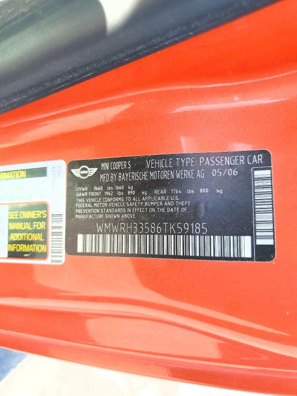 Продажа на аукционе авто 2006 Mini Cooper, vin: WMWRH33586TK59185, номер лота: 61596316