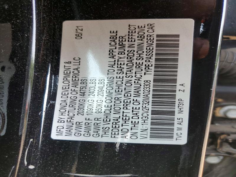 Продаж на аукціоні авто 2021 Honda Accord, vin: 1HGCV2F32MA023308, номер лоту: 62196976