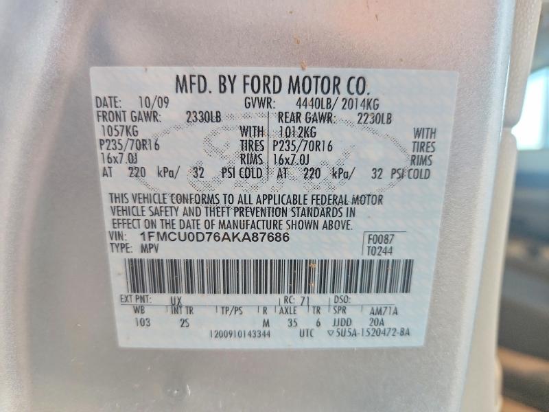 59153406 :رقم المزاد ، 1FMCU0D76AKA87686 vin ، 2010 Ford Escape مزاد بيع