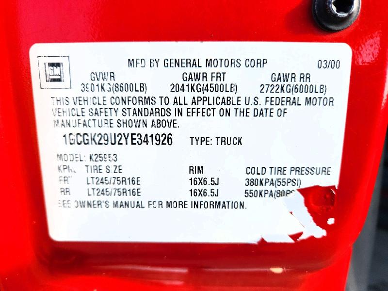 60873246 :رقم المزاد ، 1GCGK29U2YE341926 vin ، 2000 Chevrolet Silverado مزاد بيع