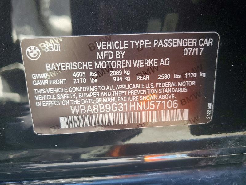 Aukcja sprzedaży 2017 Bmw 330, vin: WBA8B9G31HNU57106, numer aukcji: 60004996